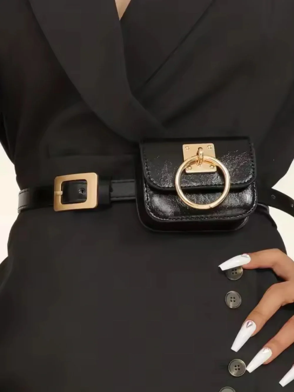 Elegant Black Leather Belt Pouch Gold Buckle Waist Bag
